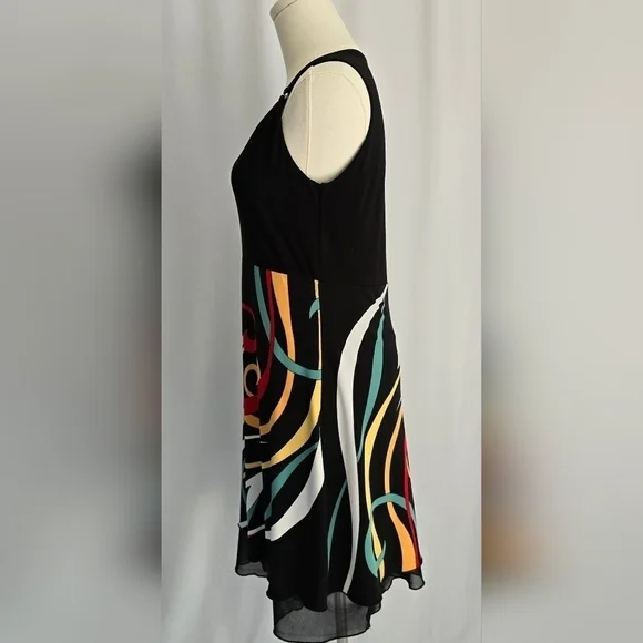 Libra Sleeveless Black Dress Layered Multi-Colored Skirt & Shoulder Detail Sz. S - Picture 6 of 11